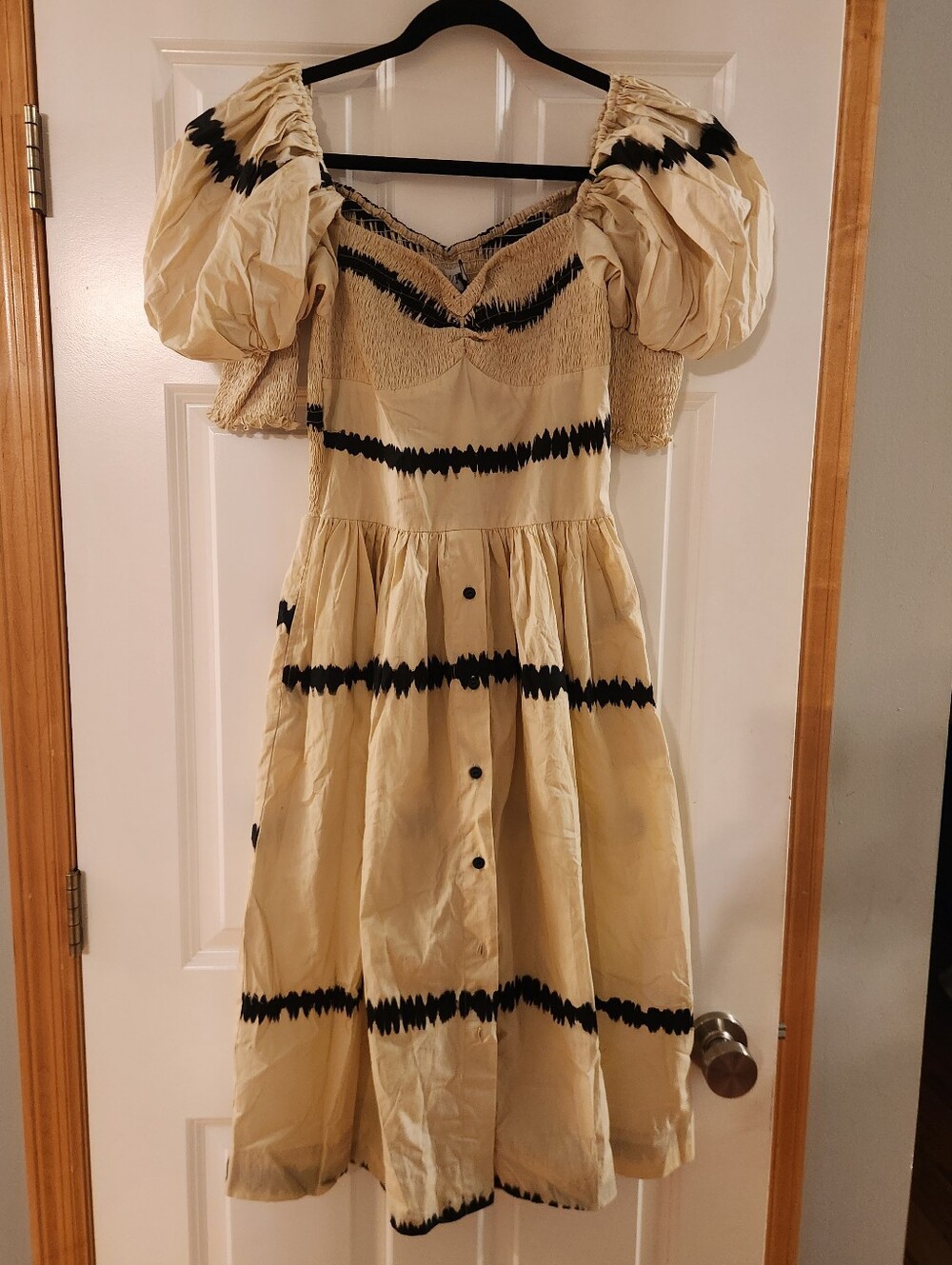 Beige Midi Dress with Black Stripe Detail and Puff Sleeves, Size Small